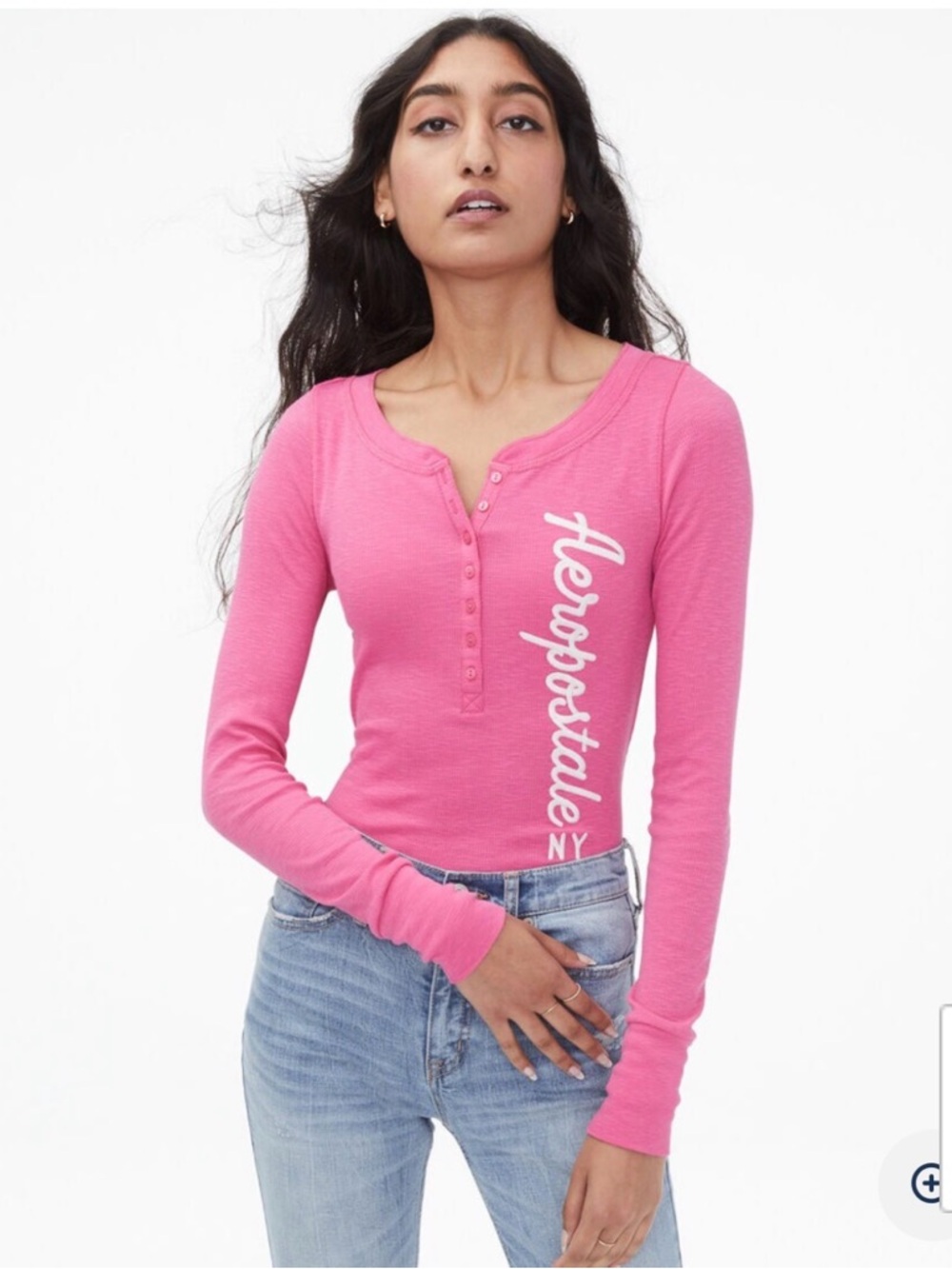Aeropostale Pink Vertical Graphic Long Sleeve Henley Shirt